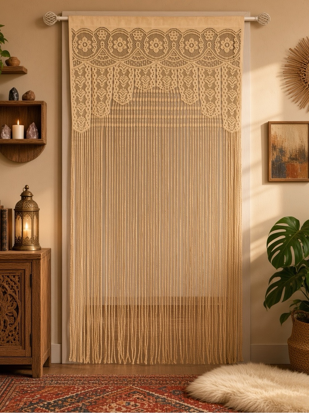 Bohemian Macrame Fringe Curtain Panel - Beige 39”x79” lightweight NEW